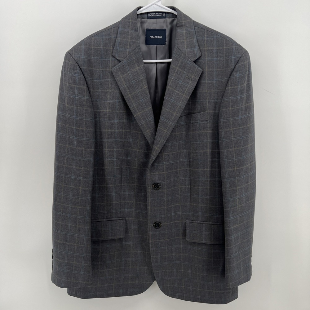 Nautica Suit Men's 41 Regular Gray Windowpane Plaid Pockets 100% Wool 2-Button